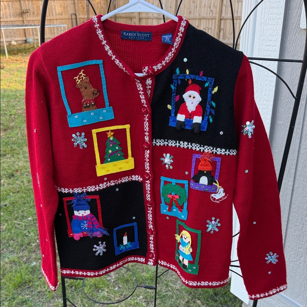 Vintage knit and embroidered Karen Scott Red and Black Holiday Cardigan